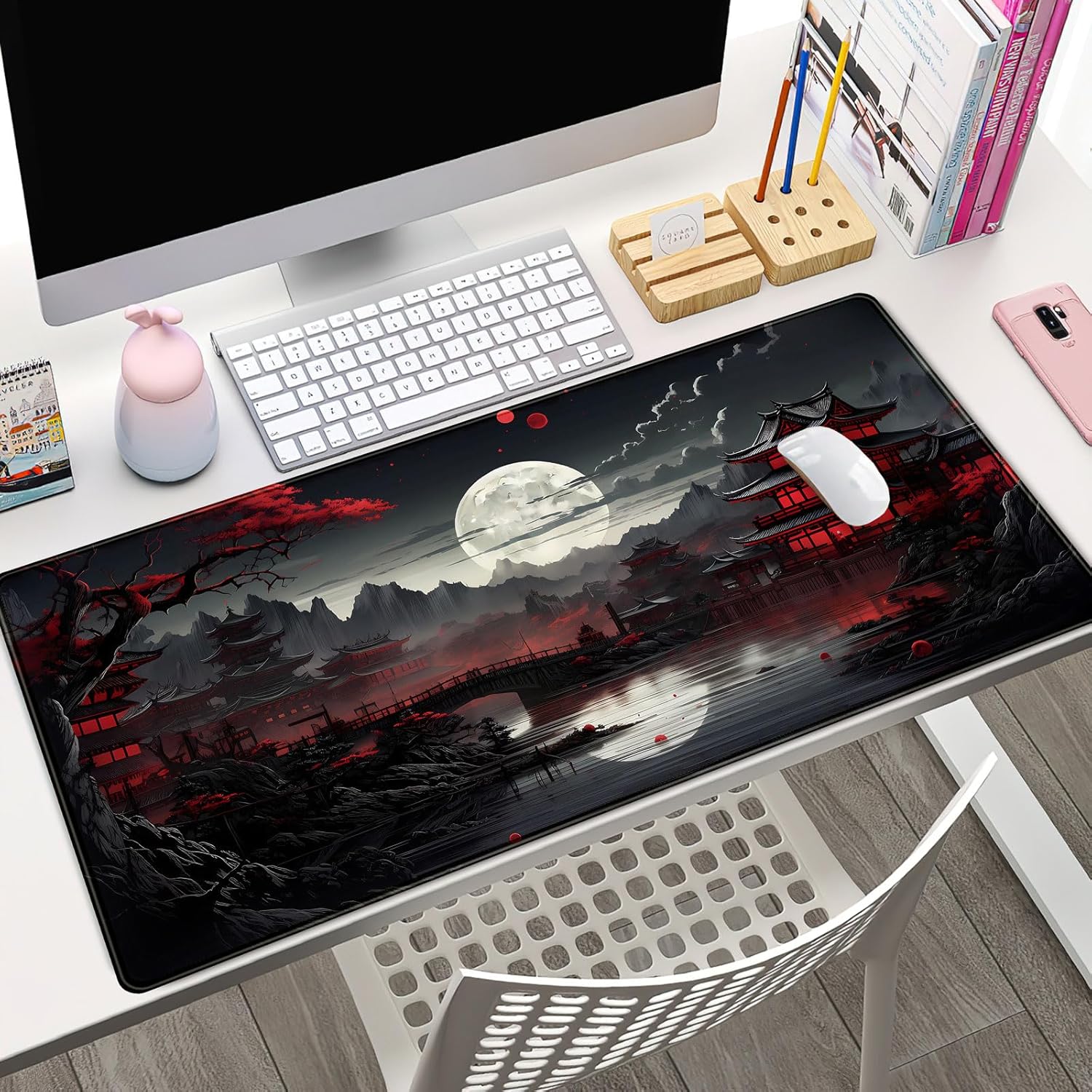 Gaming Keyboard And Mouse Pad - Tapete de mesa japonês riverside lua